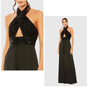MAC DUGGAL Sequined Cross Neck Black Halter Jumpsuit